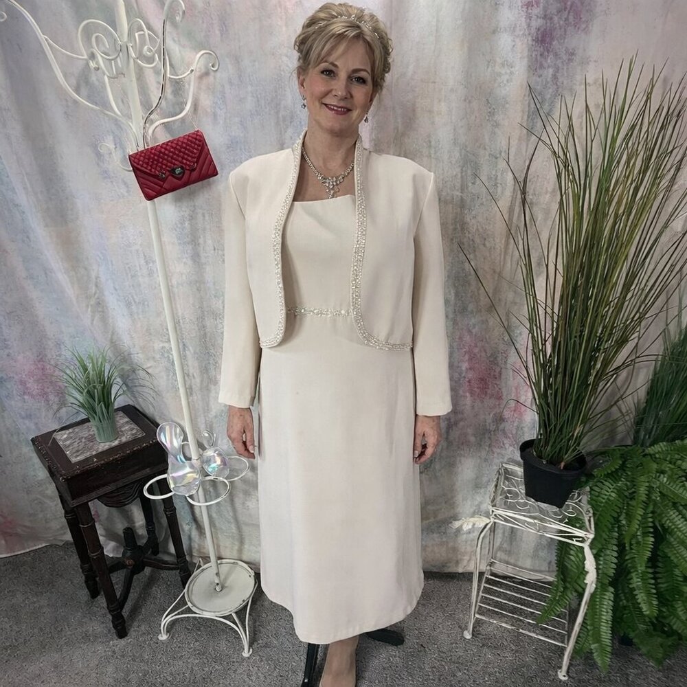 VTG📌 Timeless Formal - Mother Bride 2-Pcs Dress & Beaded Trim Bolero Jacket